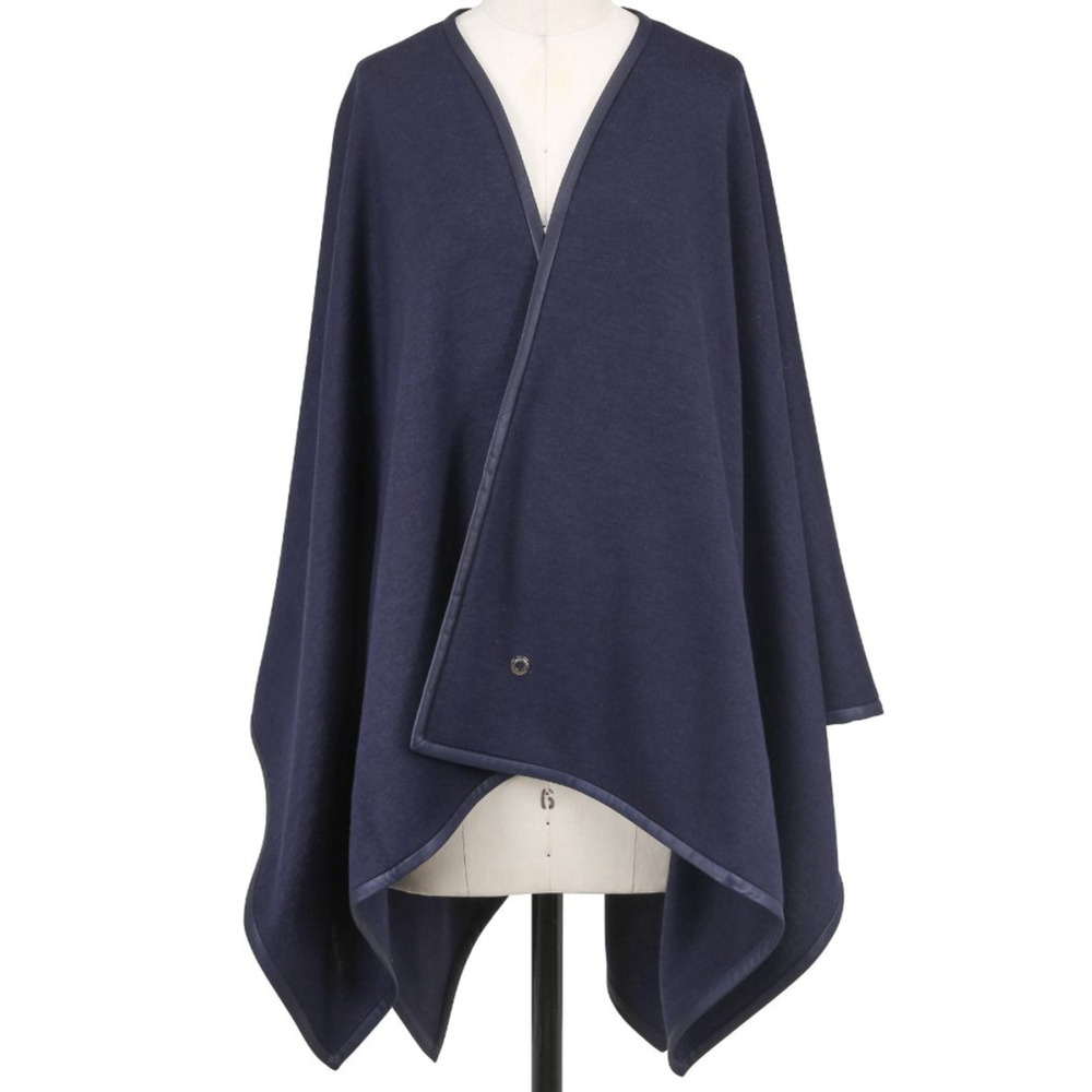 Loro Piana Navy Cape Shawl Cashmere Black Leather trimming OS